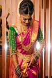 Pink Wedding Saree with Contrast Blouse Design