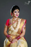 Cream  Color Silk Wedding Saree With Fancy Embroidered Blouse