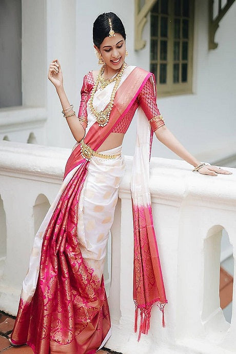 Sarees | Pink & White Combination Pure Benarasi Saree | Freeup