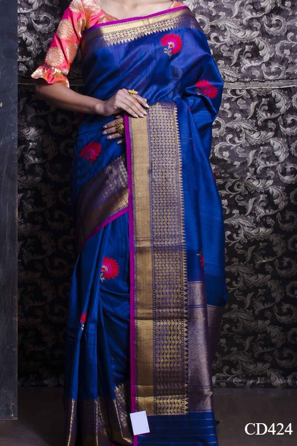 Lemon Yellow & Dark Sky Blue Stylist Designer Lichi Silk Saree – Sareewave