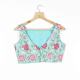 Sky Blue And Pink Floral Printed Sequins Blouse