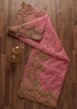 Pink colored Double Embroidery Lace Boader Net Dupatta