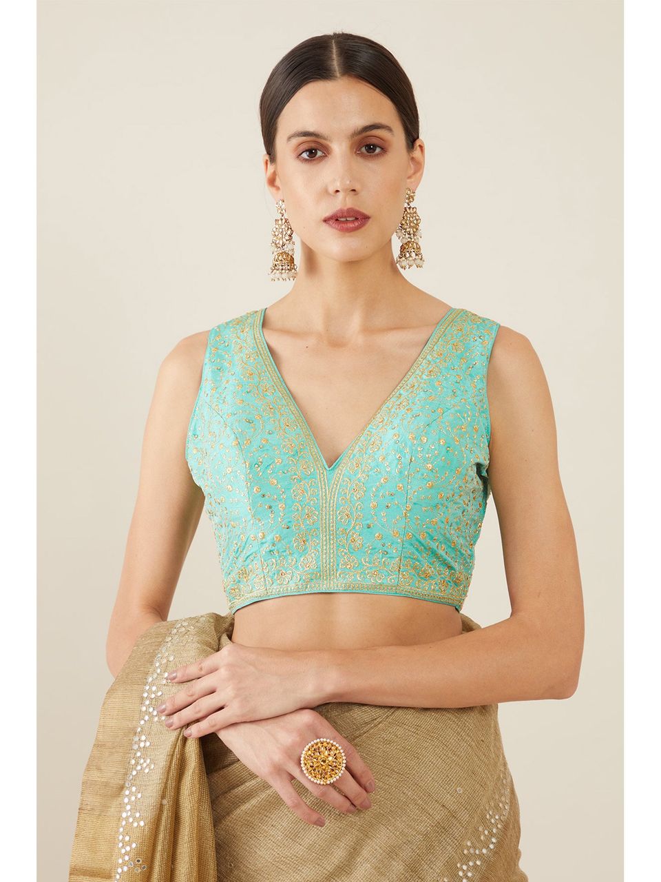 Sea Green Prince Cut Embroidered V-neck Half Sleeve Blouse –  TheDesignerSaree