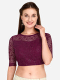 Purple Net Stiched Blouse With Boat Neck
