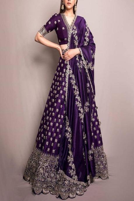 Embroidered Organza Purple A Line Lehenga Choli