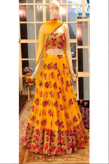 Yellow Embroidered Sequins Lehenga | Party wear lehenga, Cotton lehenga,  Designer lehenga choli
