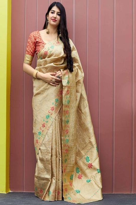 Peach Hand Painted Linen Saree