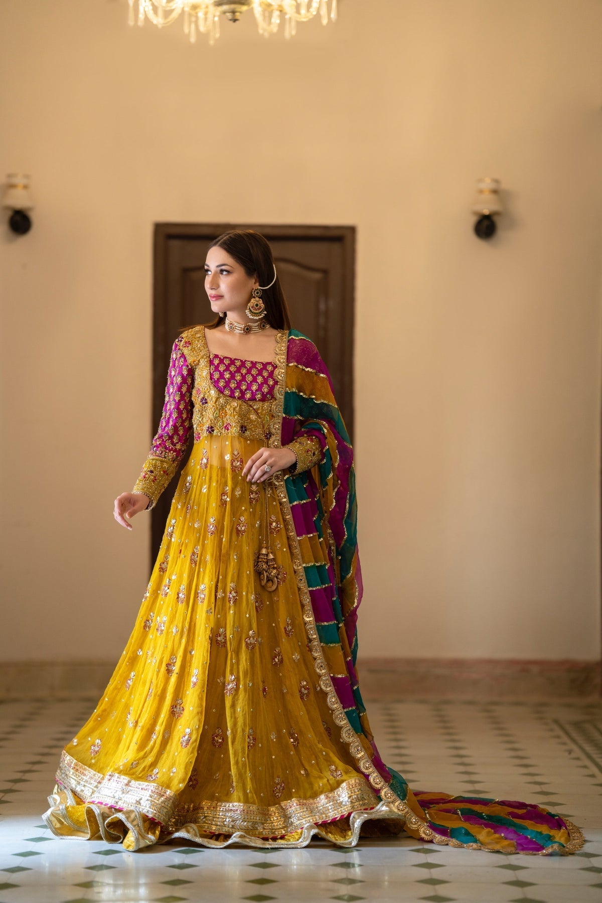Pakistani Yellow Dress In Lehenga Gown Style For Bride –