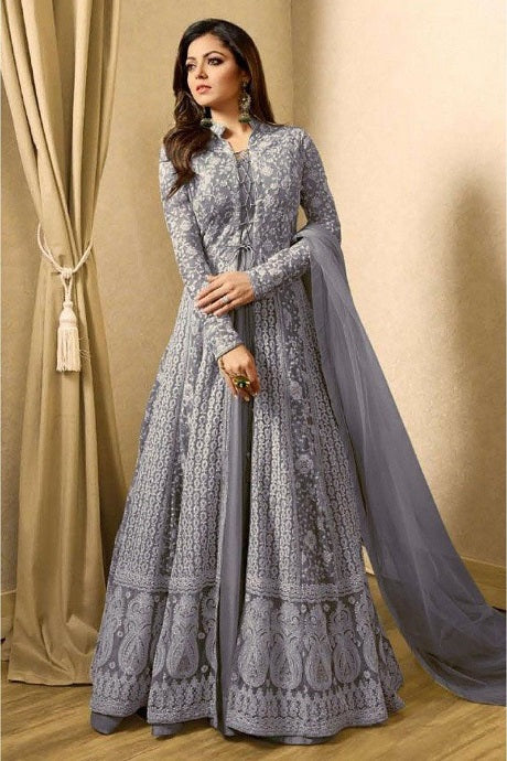 Classic Floral Grey Color American Creep Silk Gown | Gowns, Silk gown,  Stylish gown