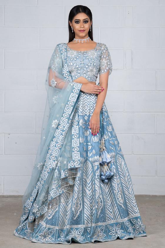 Sky Blue Organza Half Saree Lehenga Choli with Embroidery Work | Half saree  lehenga, Designer bridal lehenga choli, Indian wedding lehenga