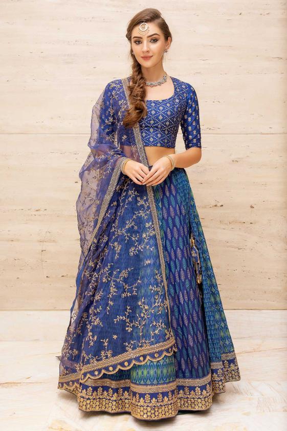 Royal Blue Weave with Golden Zari Embellishments Banarasi Lehenga Desi –  Glamatyou Fashion