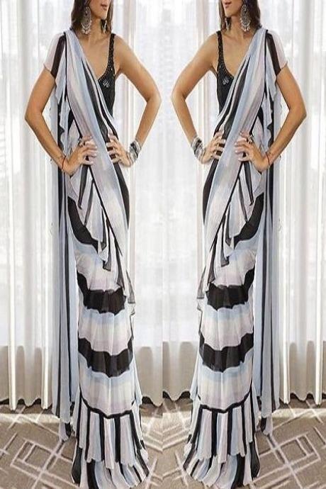 Black N White Color Party Wear Ruffle Saree For Girls – TheDesignerSaree