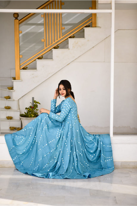 Kanjivaram Gown in Firozi Color With Zari Weaving Work Ready to Wear Gown  in USA, UK, Malaysia, South Africa, Dubai, Singapore