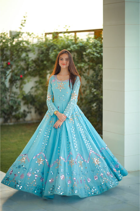 Blue Model Satin Party Wear Anarkali Stitched Gown (NMPRSA12_XL), Size: XL