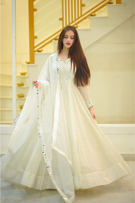 WHITE COTTON EMBROIDERED GOWN | Embroidered gown, Indian fashion dresses,  Kurti designs party wear