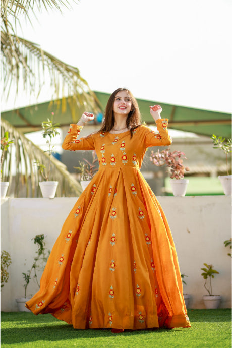 New Designer Party Wear Look Heavy Cotton Thread Embroidery Work Yellow Gown  – Prititrendz