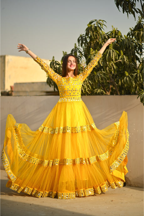 Buy Yellow Fancy Work Designer Gown : 207890 -