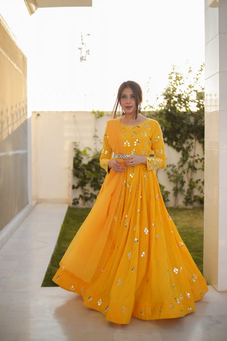 Georgette Yellow Gown, Georgette Long Frock, Georgette Gown Party Wear,  Pure Georgette Gown, Heavy Georgette Gown, जोर्जेट गाउन - Adiittiis The  Conscious Design Company, Delhi | ID: 27384590173