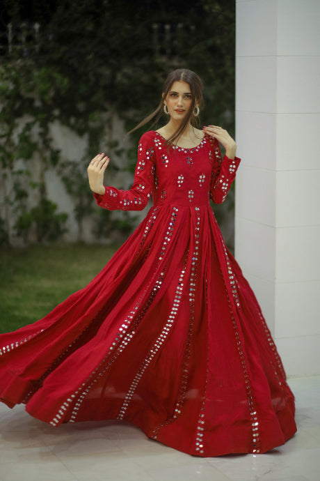 Gorgeous Red Color Georgette Fabric Fancy Sequins Work Gown