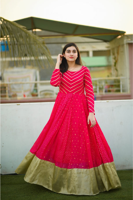 Printed Red Designer Gown In Chanderi Silk Fabric With Cold Shoulder