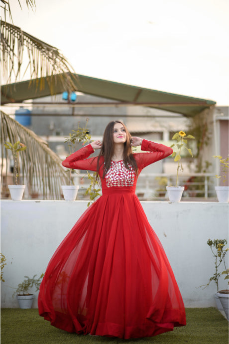 luminous Red Color Georgette With Embroidery Anarkali Suit