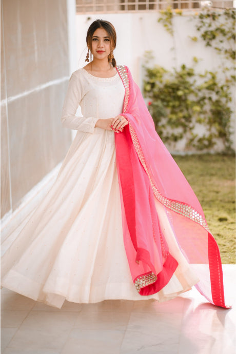 White Embellished With Embroidered Net Anarkali Suit