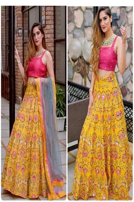 Buy NV PATEL Women's Net Embellished Yellow Bindu Lehenga Half Sleeve Round  Neck Wedding & Festive Yellow:Pink Lehenga Choli at Amazon.in