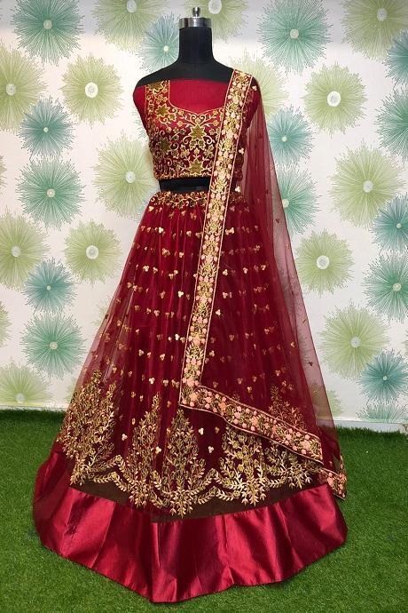 Maroon Velvet Lehenga with Embroidered Dupatta