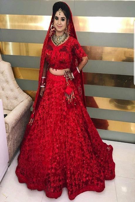 Buy Red Lehenga And Blouse Raw Silk V Neck Embroidered Bridal Set For Women  by Angad Singh Online at Aza Fashions.
