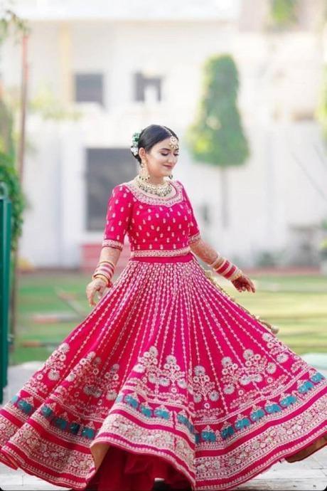 Pink Color Thread And Sequins Embroidery Work Georgette Lehenga Choli