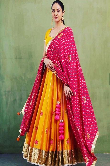 Attractive Yellow Color Embroidery Work Jequard Lehenga Choli