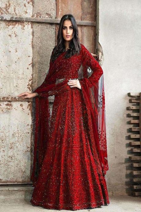 Dark Red Lehenga Choli Indian Sequin Wedding Wear Lengha Chunri Sari Saree  Dress | eBay