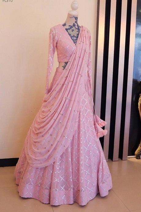 VeroniQ Trends-Bollywood Indian Party Wear Lehenga in Pink Georgette with  Mirror work and Embroidery-Bridesmaid Lehenga,Engagement Lehenga-VF -  VeroniQ Trends
