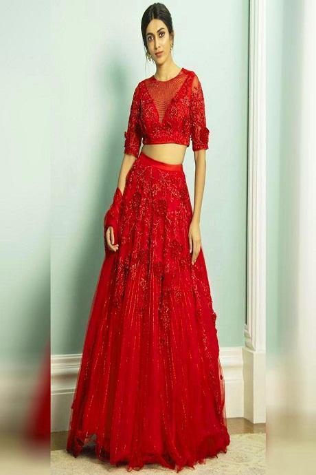 Gold full sleeve Choli with Bright Red Lehenga – Roop Sari Palace