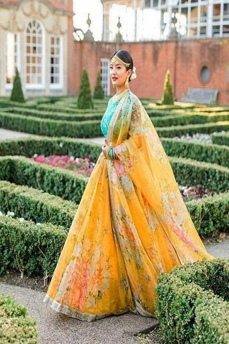 Yellow One Shoulder Blouse & Peach Lehenga | WaliaJones