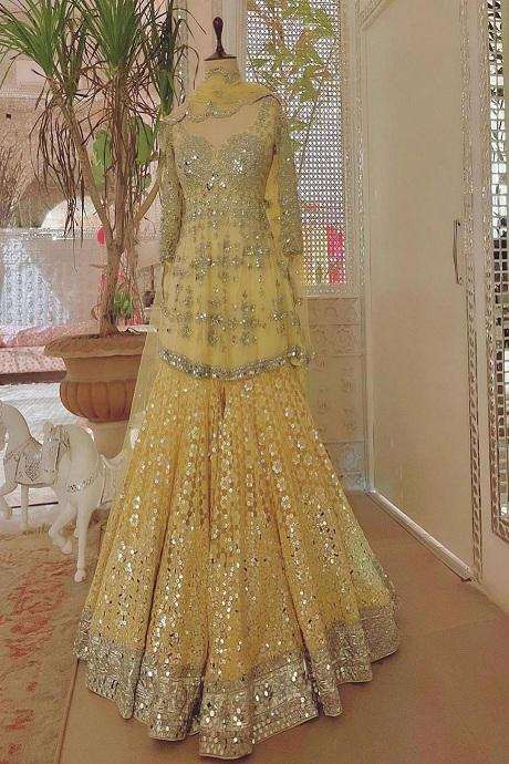 Peach Stone, Sequins, Beads and Mirror work Saree Styled Lehenga for G –  Seasons Chennai