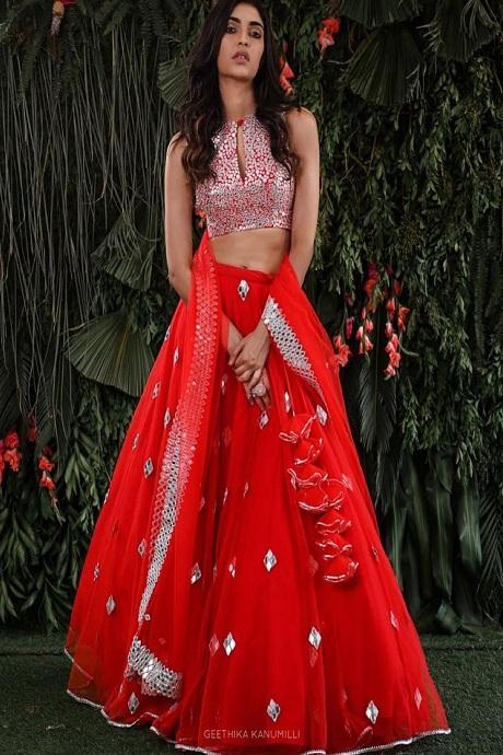 Lehenga in Saree style: Red with Embroidered Blouse & Sheer Jacket – B Anu  Designs
