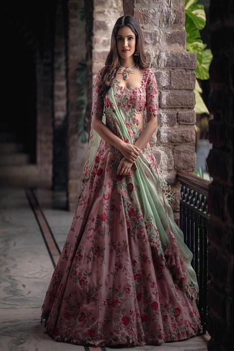 Printed Organza Designer Lehenga Choli in Sea Green