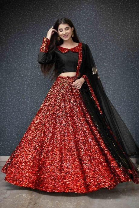 Red Lehenga Choli with Heavy Thread and Sequence Work