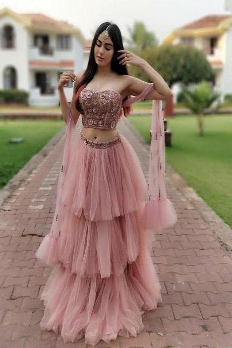 Pink Ruffle Lehenga Choli Indian Net Frill Lengha Chunri Lehanga Sari Saree  | eBay