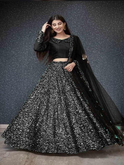 This set features designer black color heavily embellished lehenga choli.  It is paired with matching bla… | Party wear lehenga, Silk lehenga, Designer  lehenga choli