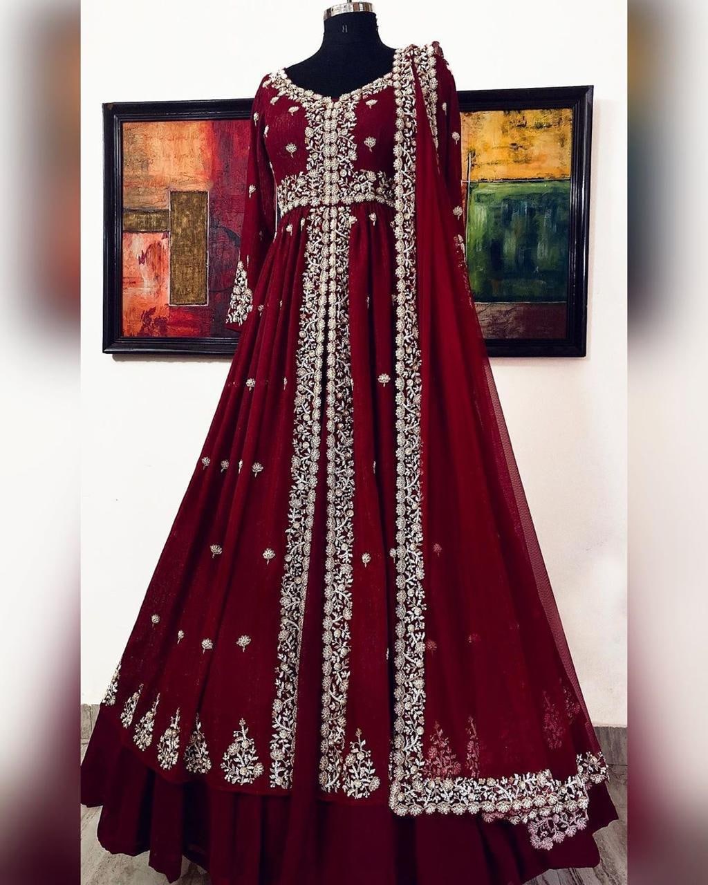 Attractive Looking Embroidered Georgette Maroon Color Heavy Dress