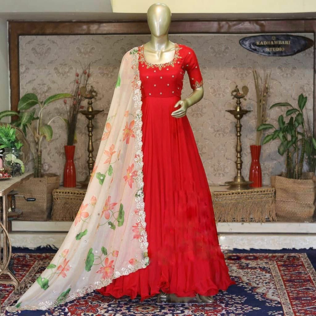 Buy Red And Multi Colour Party Wear Heavy Readymade Gown With Dupatta |  Gowns