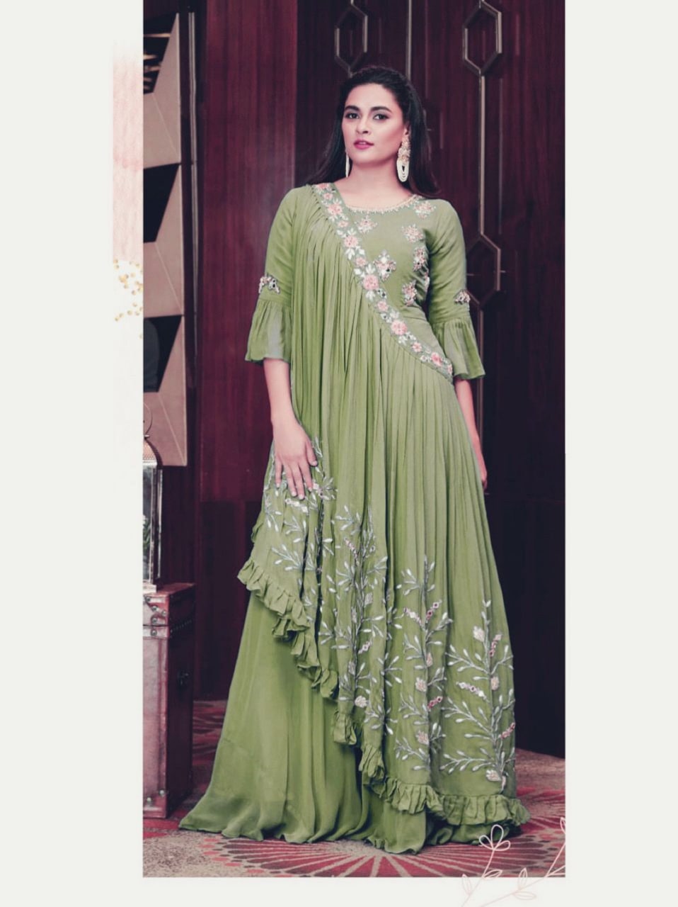Printed Georgette Stitched Flared/A-line Gown (Light Green)