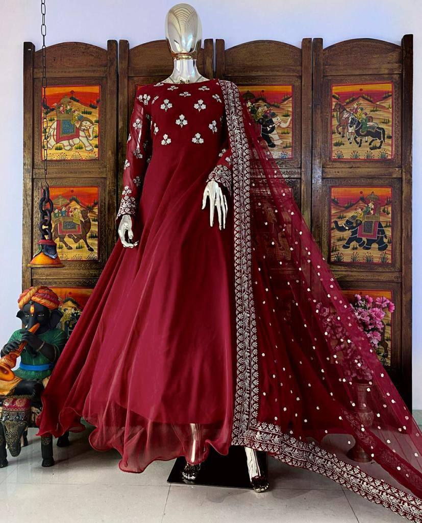 Maroon Color Party Wear Gown With Dupatta :: MY SHOPPY LADIES WEAR