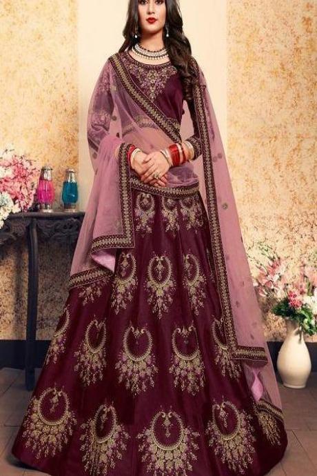 Women Wine Georgette Partywear Lehenga Choli -Inddus.in