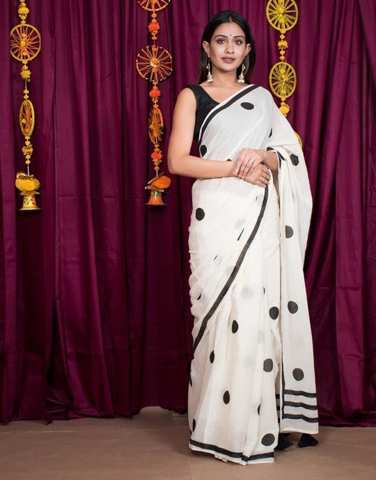 Buy cotton MalMal Saree with blouse black and white saree at Amazon.in