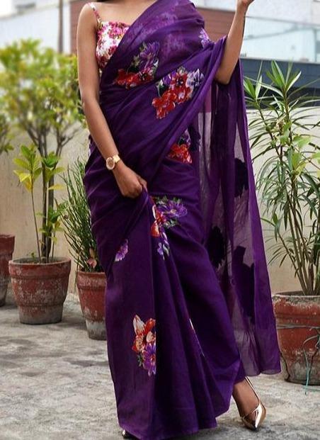 Linen Silk Printed Saree In Purple Colour