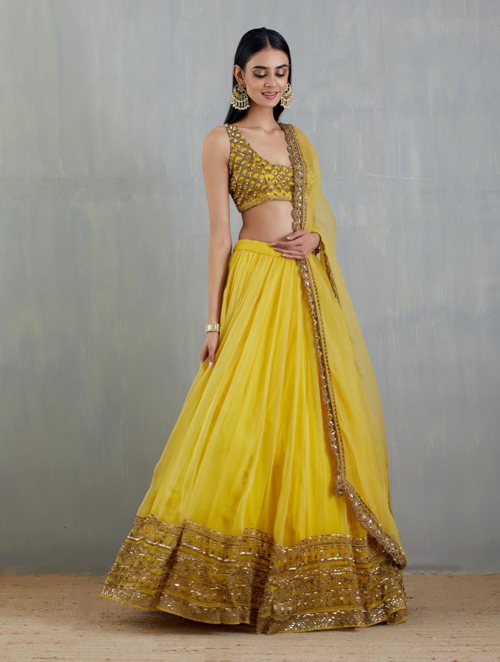 Buy Yellow Crepe Silk Embroidery Bead Leaf Geometric Bridal Lehenga Set For  Women by Ritika Mirchandani Online at Aza Fashions.