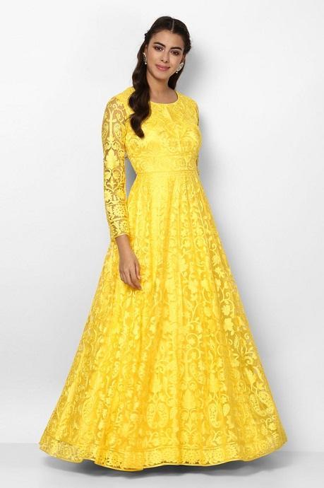 fcity.in - Embroidered Net Semi Stitched Anarkali Gown Yellowlehenga For